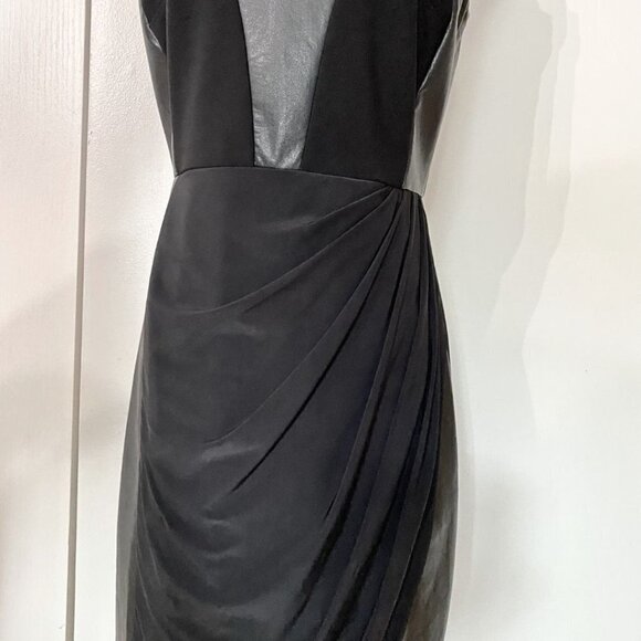 NWT FRANK LYMAN BLACK FAUX LEATHER DRAPED COMBO SLEEVELESS SHEATH COCKTAIL DRESS - Picture 5 of 12